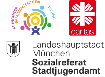 Logos: Münchner Familienzentren, Caritas, Landeshauptstadt München Sozialreferat Stadtjugendamt